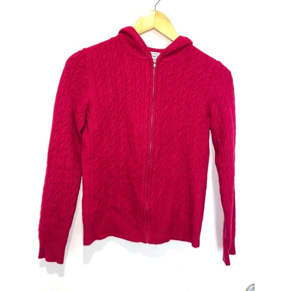 Bloomingdales Red Cable Knit Cashmere Hoodie Sweater Zip Front Womens M Medium - Picture 1 of 9